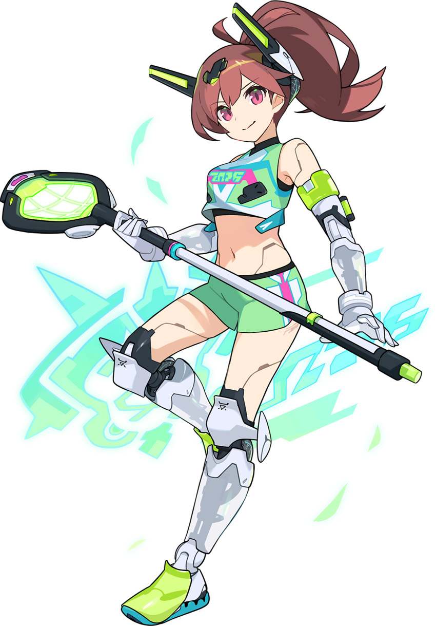 1girl android antenna_hair artist_request bangs bare_shoulders bike_shorts bike_shorts_under_shorts breasts brown_hair closed_mouth crop_top doll_joints eyebrows_visible_through_hair full_body glowing green_footwear green_shirt green_shorts hair_ornament hand_up happy headgear highres holding joints lacrosse lacrosse_stick leg_up long_hair looking_at_viewer mecha_musume mechanical_arms mechanical_legs medium_breasts middie_(world_flipper) midriff non-web_source official_art pink_eyes ponytail shiny shiny_hair shirt shoes short_shorts shorts side_slit sidelocks sleeveless sleeveless_shirt smile solo sports_bra standing standing_on_one_leg tied_hair transparent transparent_background v-shaped_eyebrows world_flipper