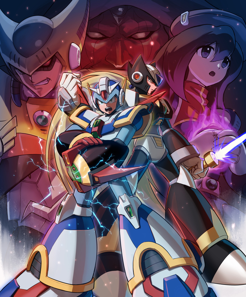 1girl 5boys absurdres android arm_cannon armor black_headwear black_zero_(mega_man) blonde_hair blue_eyes blue_headwear brown_hair closed_mouth commentary_request double_(mega_man) electricity energy_sword evil_grin evil_smile eyebrows_visible_through_hair facial_hair fire general_(mega_man) gloves green_eyes grin hair_between_eyes hand_on_own_arm hand_up hands_clasped hat helmet highres holding holding_sword holding_weapon hoshi_mikan iris_(mega_man) long_hair looking_at_viewer mega_man_(series) mega_man_x4 mega_man_x_(character) mega_man_x_(series) multiple_boys mustache open_mouth own_hands_together ponytail purple_fire red_eyes red_gloves red_headwear robot_ears scar scar_across_eye serious shoulder_armor sigma_(mega_man) smile standing sword upper_teeth very_long_hair weapon white_gloves zero_(mega_man)