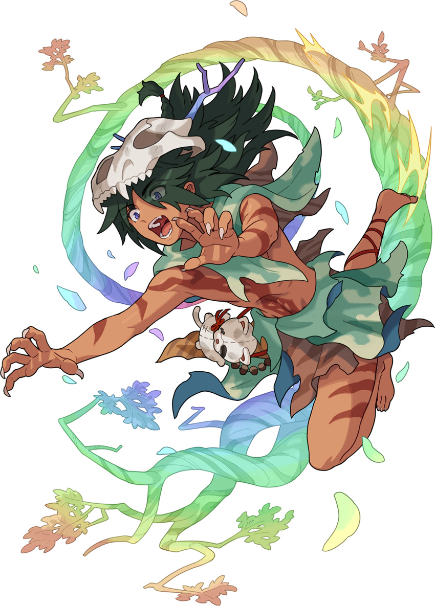 1boy acorn animal_skull arms_up artist_request bangs barefoot bodypaint braid branch capelet claws constricted_pupils dark-skinned_male dark_skin eyebrows_visible_through_hair eyes_visible_through_hair fangs full_body green_capelet green_hair hair_over_one_eye hair_tie hao_(world_flipper) highres leg_ribbon leg_up loincloth long_hair looking_down male_focus messy_hair navel non-web_source official_art open_mouth outstretched_arms rainbow_gradient red_ribbon ribbon sharp_teeth shiny shiny_hair shirtless sidelocks single_braid skull skull_on_head solo stick stitches stomach stuffed_animal stuffed_cat stuffed_toy teeth tied_hair toned toned_male torn_clothes transparent_background tribal v-shaped_eyebrows violet_eyes wide-eyed world_flipper