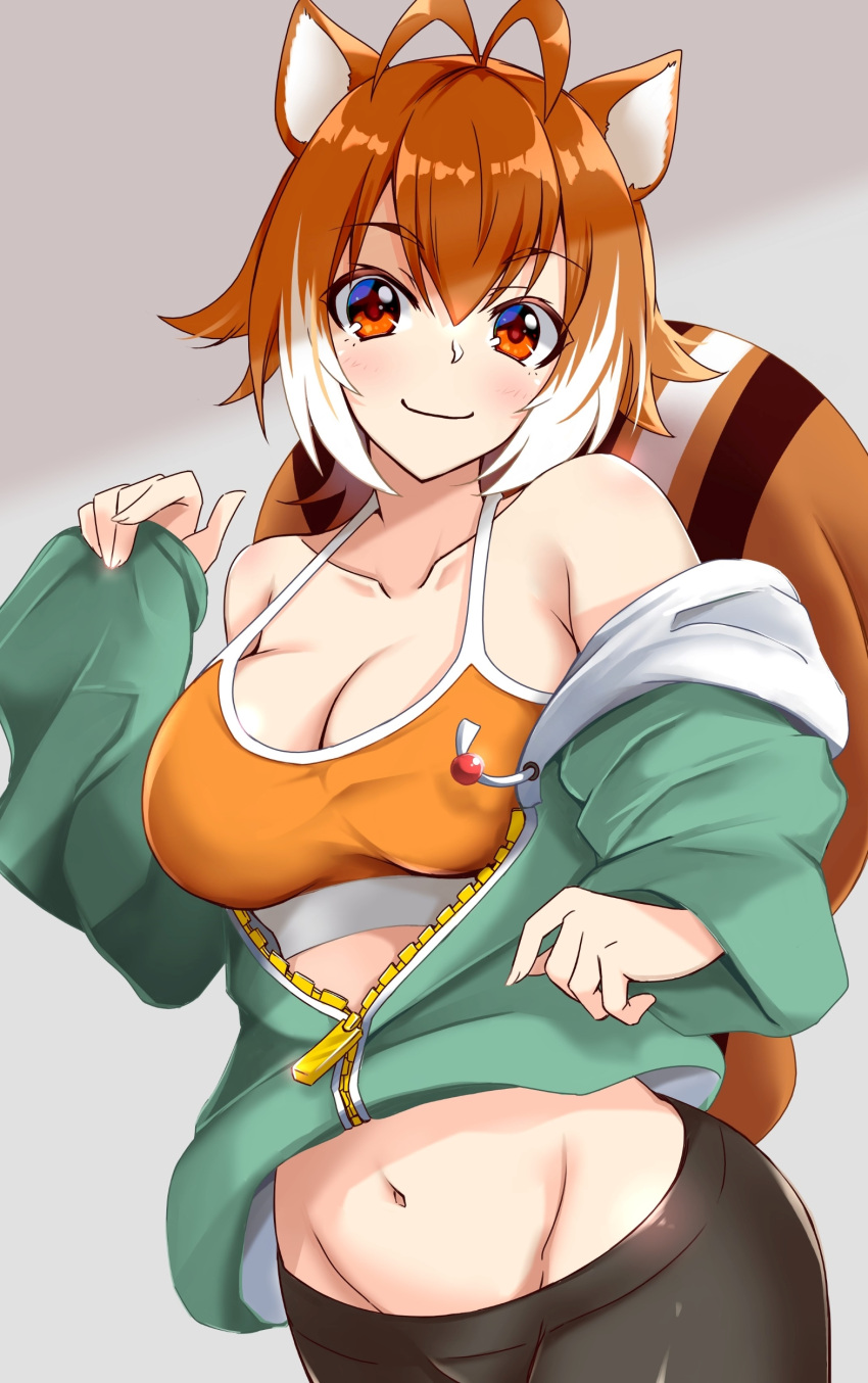 1girl absurdres animal_ears bangs blazblue blush breasts brown_eyes brown_hair casual chukachuka collarbone eyebrows_visible_through_hair hair_between_eyes highres large_breasts makoto_nanaya navel shorts smile solo squirrel_ears squirrel_girl squirrel_tail stomach tail