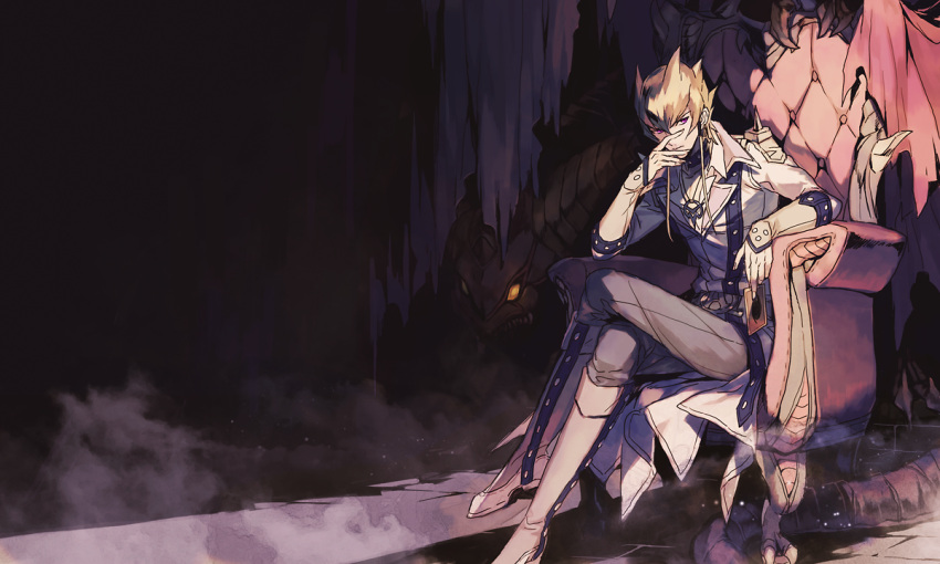 1boy blonde_hair boots choker covering_mouth crossed_legs dragon duel_monster ebira fingernails glowing glowing_eyes hand_over_own_mouth jack_atlas jewelry long_coat long_sleeves male_focus orange_eyes red_dragon_archfiend short_hair sitting spiky_hair throne violet_eyes yu-gi-oh! yu-gi-oh!_5d's