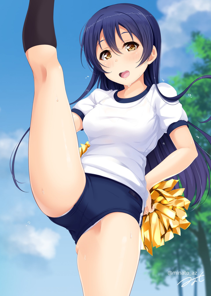 1girl bangs blue_buruma blue_hair blue_sky buruma clouds commentary_request cowboy_shot day gym_uniform hands_on_hips high_kick highres hino_minato_(spec.c) kicking long_hair looking_at_viewer love_live! love_live!_school_idol_project outdoors pom_poms shirt sky smile solo sonoda_umi standing standing_on_one_leg swept_bangs t-shirt white_shirt yellow_eyes