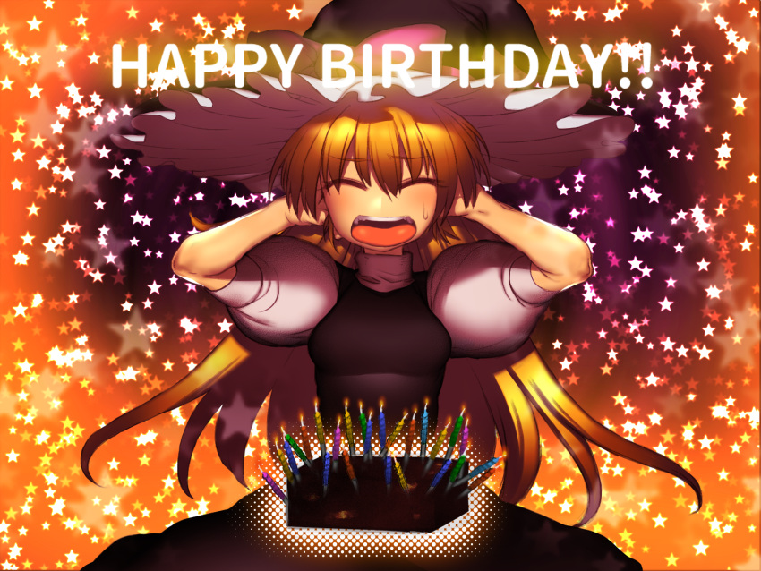 1girl bangs black_dress blonde_hair bow breasts candle chin_coropon closed_eyes commentary_request cookie_(touhou) cowboy_shot dress eyebrows_visible_through_hair fire flame fudge hair_between_eyes hands_on_own_head happy_birthday hat highres kirisame_marisa long_hair medium_breasts open_mouth puffy_short_sleeves puffy_sleeves purple_bow shirt short_sleeves solo star_(symbol) touhou turtleneck uzuki_(cookie) white_shirt witch_hat