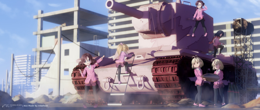6+girls black_hair blonde_hair blue_eyes brown_hair building caterpillar_tracks child clouds day dust glasses gloves ground_vehicle highres ladder mask military military_vehicle motor_vehicle multiple_girls original ponytail ruins scarf shirt shoes shorts siblings side_ponytail signature skirt smile tank tank_(container) tank_shell thigh-highs twins twintails utility_pole zet_(globalgears)