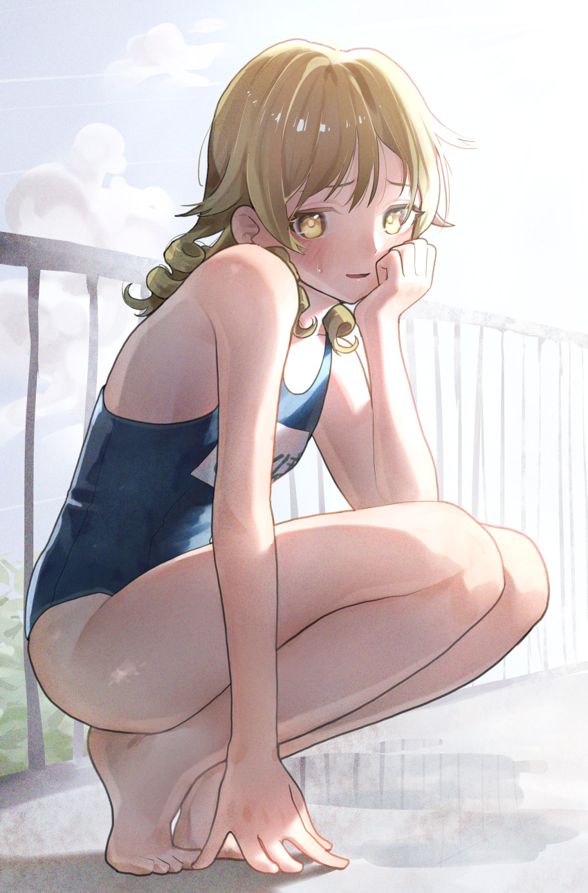 1girl absurdres barefoot blue_sky blue_swimsuit brown_eyes clouds commentary_request day drill_hair highres idolmaster idolmaster_cinderella_girls light_brown_hair long_hair looking_at_viewer morikubo_nono namesake ningen_mame outdoors puddle ringlets school_swimsuit sky solo squatting swimsuit