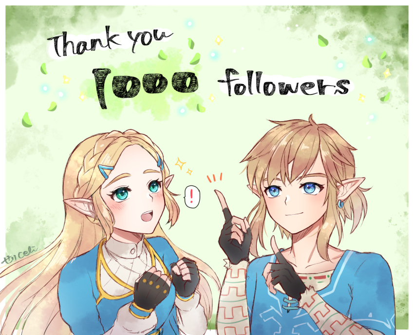 1boy 1girl :d bangs blonde_hair blue_eyes blue_shirt blush border collarbone earrings fingerless_gloves gloves green_eyes hair_ornament hairclip highres jewelry link long_hair looking_up milestone_celebration notice_lines open_mouth pointing pointy_ears princess_zelda seri_(yuukasakura) shirt short_hair smile the_legend_of_zelda the_legend_of_zelda:_breath_of_the_wild upper_body upper_teeth white_border white_shirt