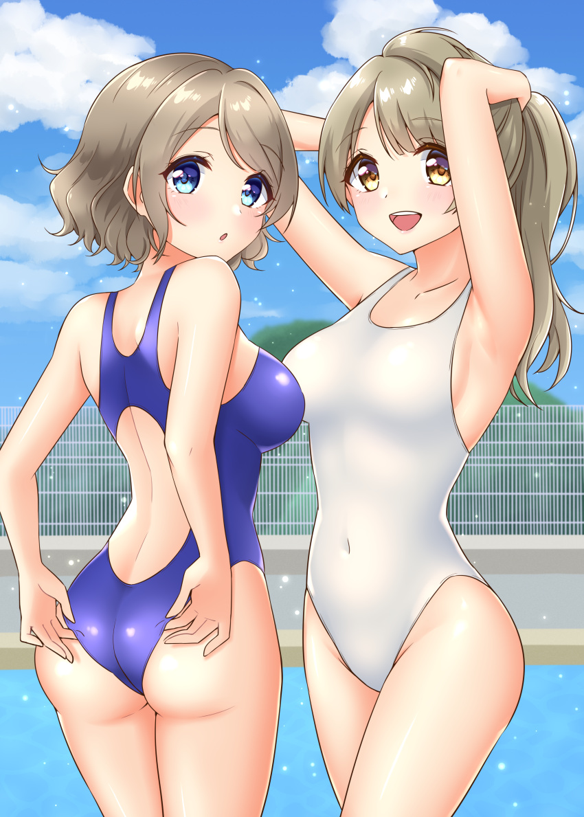 2girls absurdres adjusting_clothes adjusting_swimsuit ass blue_eyes blue_sky blue_swimsuit brown_eyes clouds commentary_request competition_swimsuit cowboy_shot day fence grey_hair highres long_hair looking_at_viewer love_live! love_live!_school_idol_project love_live!_sunshine!! minami_kotori multiple_girls one-piece_swimsuit one_side_up outdoors ponytail poolside short_hair sky swimsuit takochan77 watanabe_you white_swimsuit