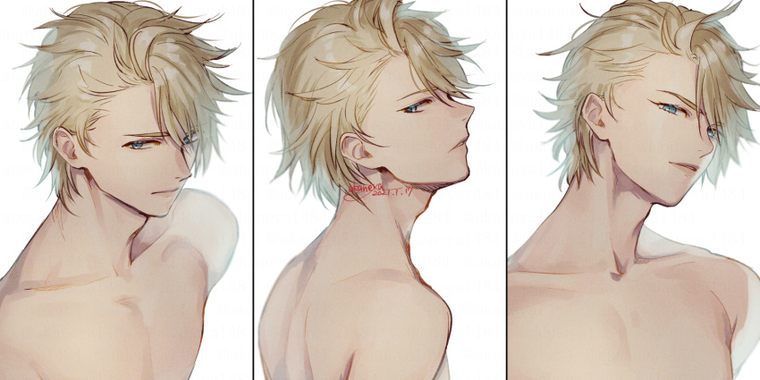 1boy ahoge aladdin_(sinoalice) blonde_hair blue_eyes dated eyebrows_visible_through_hair hair_over_one_eye highres looking_at_viewer male_focus ojo_aa panels parted_lips shirtless short_hair signature simple_background sinoalice solo white_background