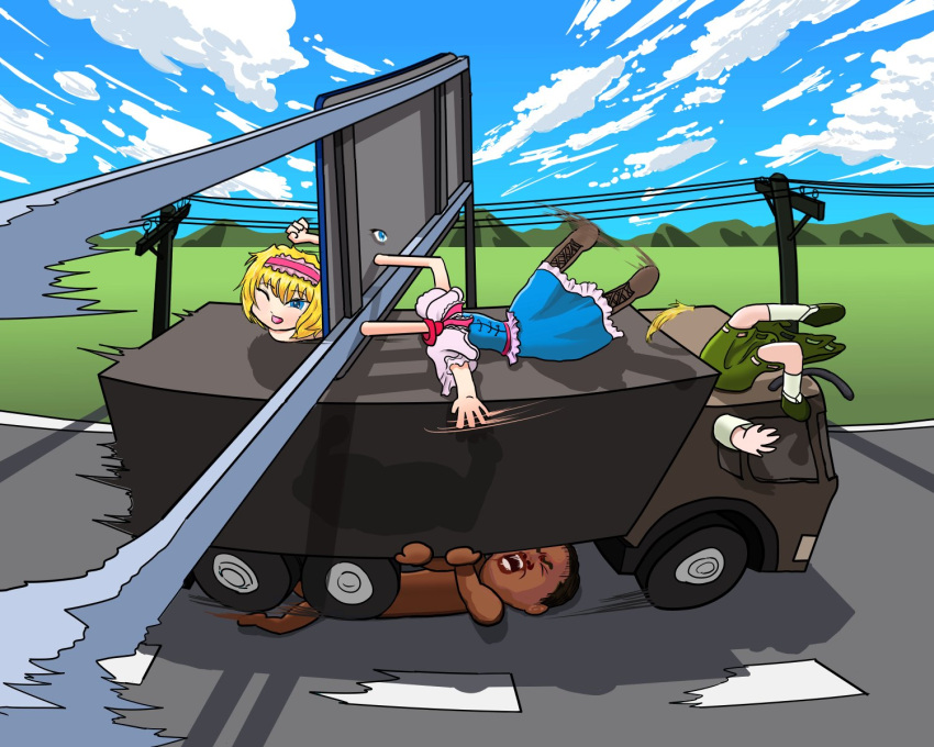 1boy 2girls alice_margatroid anatomical_nonsense bangs blonde_hair blue_dress blue_eyes blue_sky boots brown_footwear capelet clouds commentary_request cookie_(touhou) day disembodied_eye dress eyebrows_visible_through_hair field frilled_hairband frills full_body gang_beasts glitch green_footwear green_skirt ground_vehicle hair_between_eyes hairband highres highway ichigo_(cookie) manatsu_no_yo_no_inmu motion_blur motor_vehicle mountainous_horizon mouse_tail multiple_girls nazrin nyon_(cookie) open_mouth outdoors pai_kebon_baa pink_capelet pink_hairband power_lines road road_sign shirt shoes short_hair sign skirt sky smile socks tail touhou truck utility_pole white_legwear white_shirt yajuu_senpai