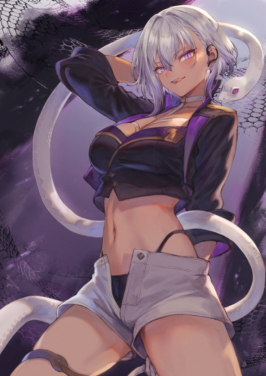 1girl animal black_jacket black_panties breasts choker commentary_request cropped_jacket highres jacket large_breasts looking_at_viewer mashuu_(neko_no_oyashiro) navel open_clothes open_jacket open_shorts panties r_project reptile short_shorts shorts snake thigh_strap tongue tongue_out underwear violet_eyes virtual_youtuber white_hair white_snake yatono_levi