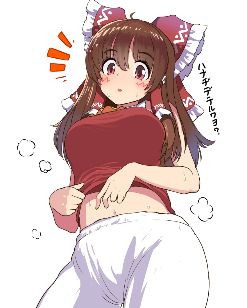 1girl bangs bloomers blush bow breasts brown_hair commentary_request cookie_(touhou) cowboy_shot eyebrows_visible_through_hair hair_between_eyes hair_bow hakurei_reimu highres kanna_(cookie) large_breasts long_hair looking_at_viewer midriff navel notice_lines open_mouth pai_kebon_baa red_bow red_eyes red_shirt shirt simple_background sleeveless sleeveless_shirt solo sweat touhou translation_request underwear white_background