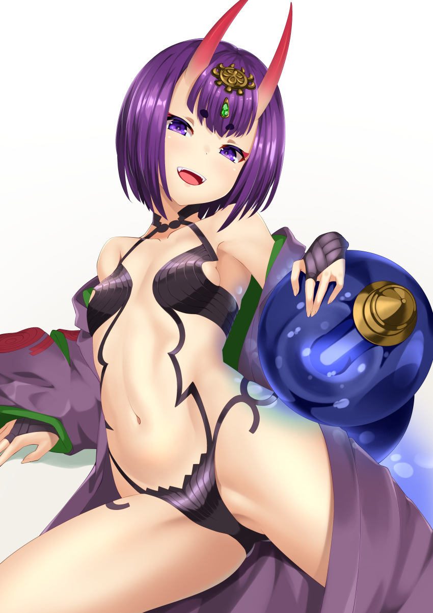 1girl absurdres bangs bare_shoulders blush bob_cut breasts collarbone eyeliner fate/grand_order fate_(series) headpiece highres horns japanese_clothes kimono long_sleeves looking_at_viewer makeup navel oni oni_horns open_clothes open_kimono open_mouth purple_hair purple_kimono revealing_clothes short_eyebrows short_hair shuten_douji_(fate) skin-covered_horns smile solo thighs violet_eyes yamachi_(xadp7533)