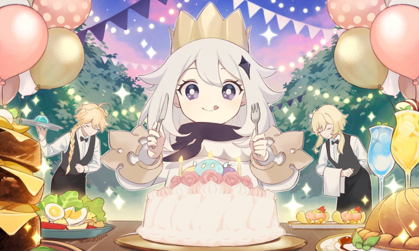 1boy 2girls aether_(genshin_impact) balloon birthday birthday_cake blonde_hair blue_eyes braid braided_ponytail brother_and_sister cake candle closed_eyes crown cup drinking_glass egg food fork genshin_impact highres holding holding_fork holding_knife knife licking_lips lumine_(genshin_impact) multiple_girls night night_sky paimon_(genshin_impact) pie plate siblings sky slime_(genshin_impact) smile sui25jiyuu tongue tongue_out tree white_hair