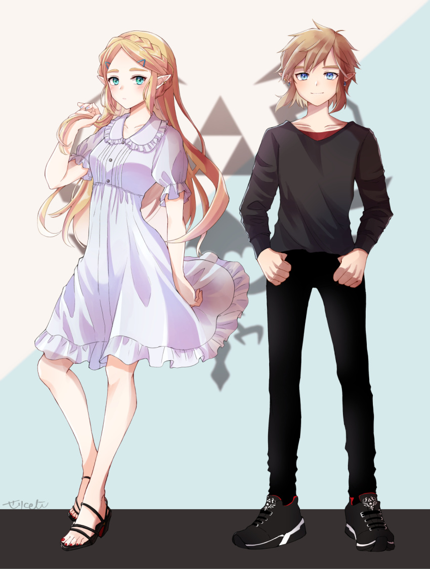 1boy 1girl alternate_costume bangs black_pants black_shirt blonde_hair blue_eyes blush braid breasts casual character_name closed_mouth collarbone crown_braid dress earrings full_body grey_background hair_ornament hairclip hand_up highres holding holding_hair jewelry link long_hair long_sleeves looking_at_viewer pants parted_bangs pointy_ears princess_zelda puffy_short_sleeves puffy_sleeves seri_(yuukasakura) shirt shoes short_hair short_sleeves small_breasts standing the_legend_of_zelda the_legend_of_zelda:_breath_of_the_wild thumb_in_pocket two-tone_background white_background white_dress