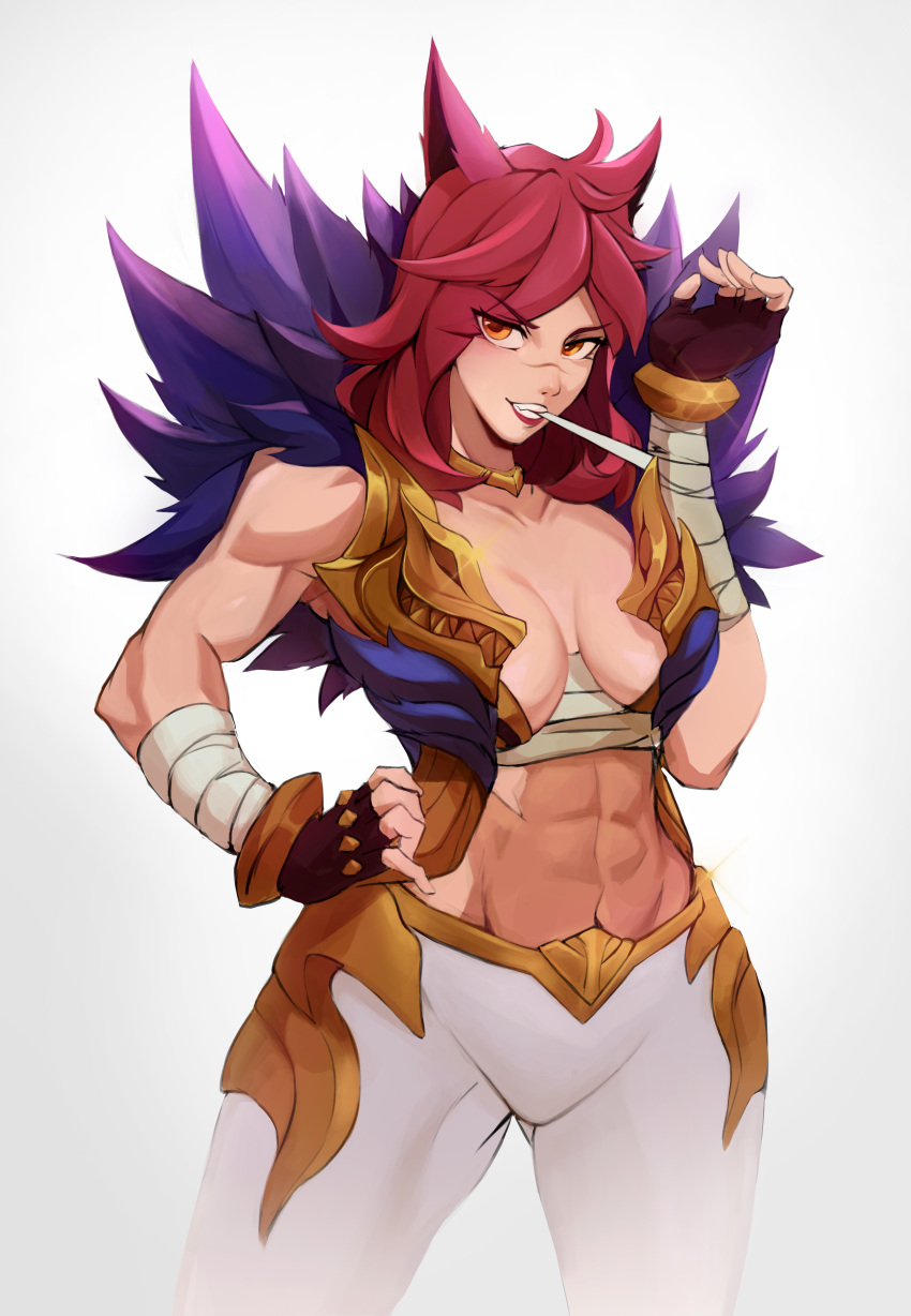 1girl abs absurdres animal_ears bandaged_arm bandages bracer breasts choker clearhand fingerless_gloves fur fur_coat genderswap genderswap_(mtf) gloves highres league_of_legends lipstick makeup muscular pants redhead scar scar_on_face sett_(league_of_legends)