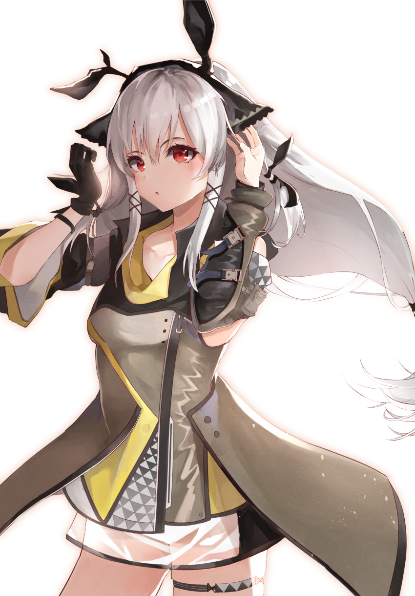 1girl :o absurdres arknights bangs black_gloves commentary cowboy_shot dress gloves grey_dress hair_ornament hands_up headband highres huge_filesize long_hair looking_at_viewer megu_(pixiv9460065) open_mouth red_eyes see-through see-through_skirt silver_hair single_glove skirt solo standing thighs weedy_(arknights) white_background