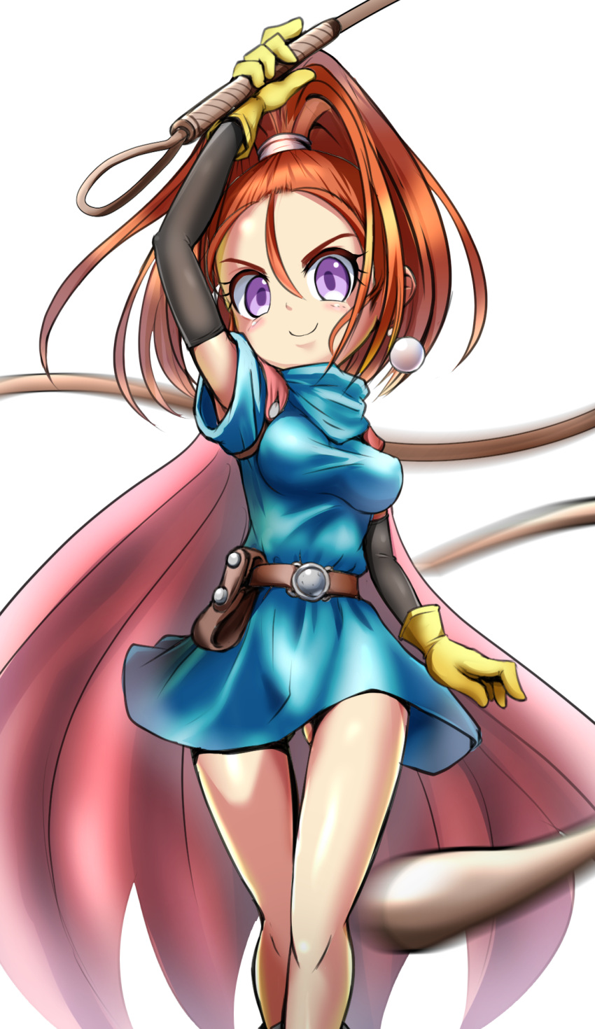 1girl arm_warmers ass_visible_through_thighs barbara_(dq6) blue_dress brown_hair cape dragon_quest dragon_quest_vi dress earrings feet_out_of_frame from_behind gloves high_ponytail highres jewelry looking_at_viewer pink_cape pov simple_background smile solo violet_eyes whip white_background yellow_gloves zakkin_(zakkinman)