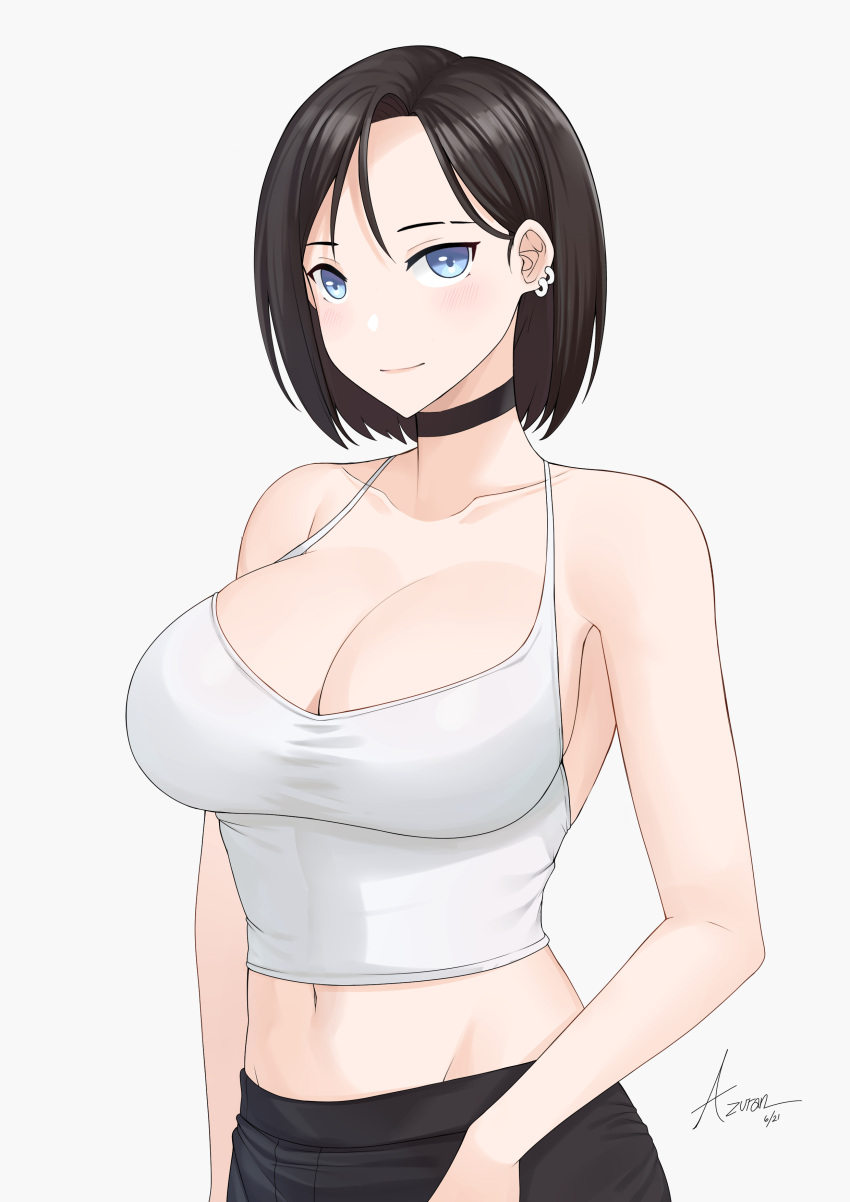 1girl absurdres aori_sora bare_shoulders black_hair blue_eyes blush breasts choker closed_mouth collarbone crop_top earrings english_commentary highres jewelry large_breasts midriff navel original short_hair signature sleeveless smile solo white_background