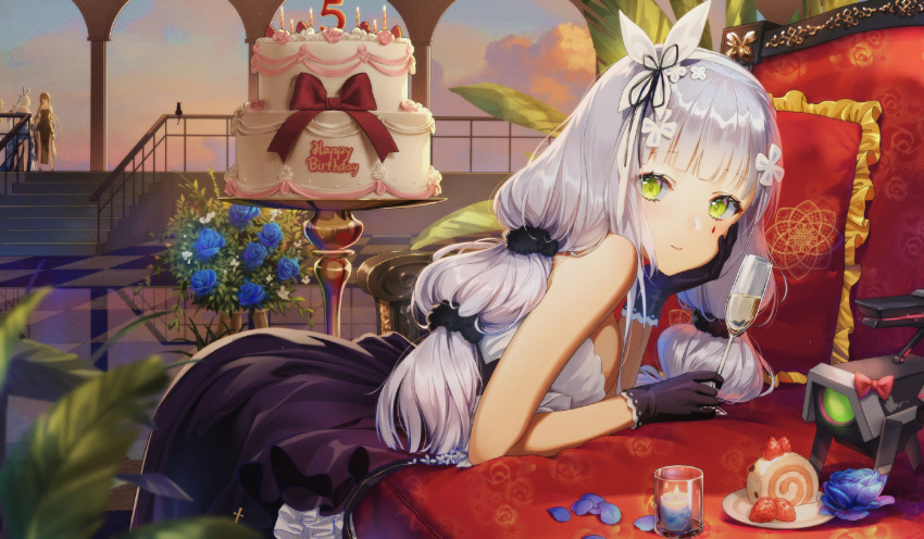 3girls bangs bare_shoulders birthday_cake black_gloves black_skirt blue_flower blue_rose blurry blurry_foreground cake candle checkered checkered_floor chinese_commentary commentary_request cup eyebrows_visible_through_hair facial_mark flower food from_side fruit girls_frontline gloves green_eyes hair_ornament hand_on_own_cheek hand_on_own_face haneru happy_birthday head_rest highres hk416_(girls_frontline) holding holding_cup indoors long_hair looking_at_viewer multiple_girls petals rose scrunchie silver_hair skirt strawberry twintails very_long_hair