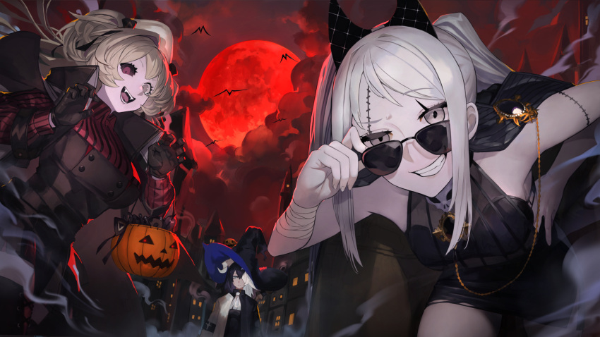 3girls adjusting_eyewear alchemy_stars ascot bandaged_arm bandages bird black_gloves black_skirt bodice brooch building claw_pose clouds eicy_(alchemy_stars) english_commentary fangs fog gloves grey_eyes grey_hair grin hairband halloween halloween_bucket halterneck hand_on_hip hat heterochromia highres holding horns jacket jacket_on_shoulders jewelry leaning_forward looking_at_viewer mismatched_sclera moon multicolored_hair multiple_girls open_mouth pencil_skirt peperon_(peperou) raised_eyebrow red_moon red_shirt scar scar_across_eye see-through_shirt sharona_(alchemy_stars) shirt skirt sleeveless sleeveless_shirt smile smokey_(alchemy_stars) stitches sunglasses teeth twintails two-tone_hair witch_hat