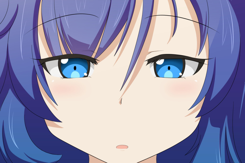 1girl blue_eyes blue_hair cato_(monocatienus) close-up commentary_request eyebrows_visible_through_hair face hair_between_eyes light_blush looking_at_viewer parted_lips portrait solo touhou yorigami_shion