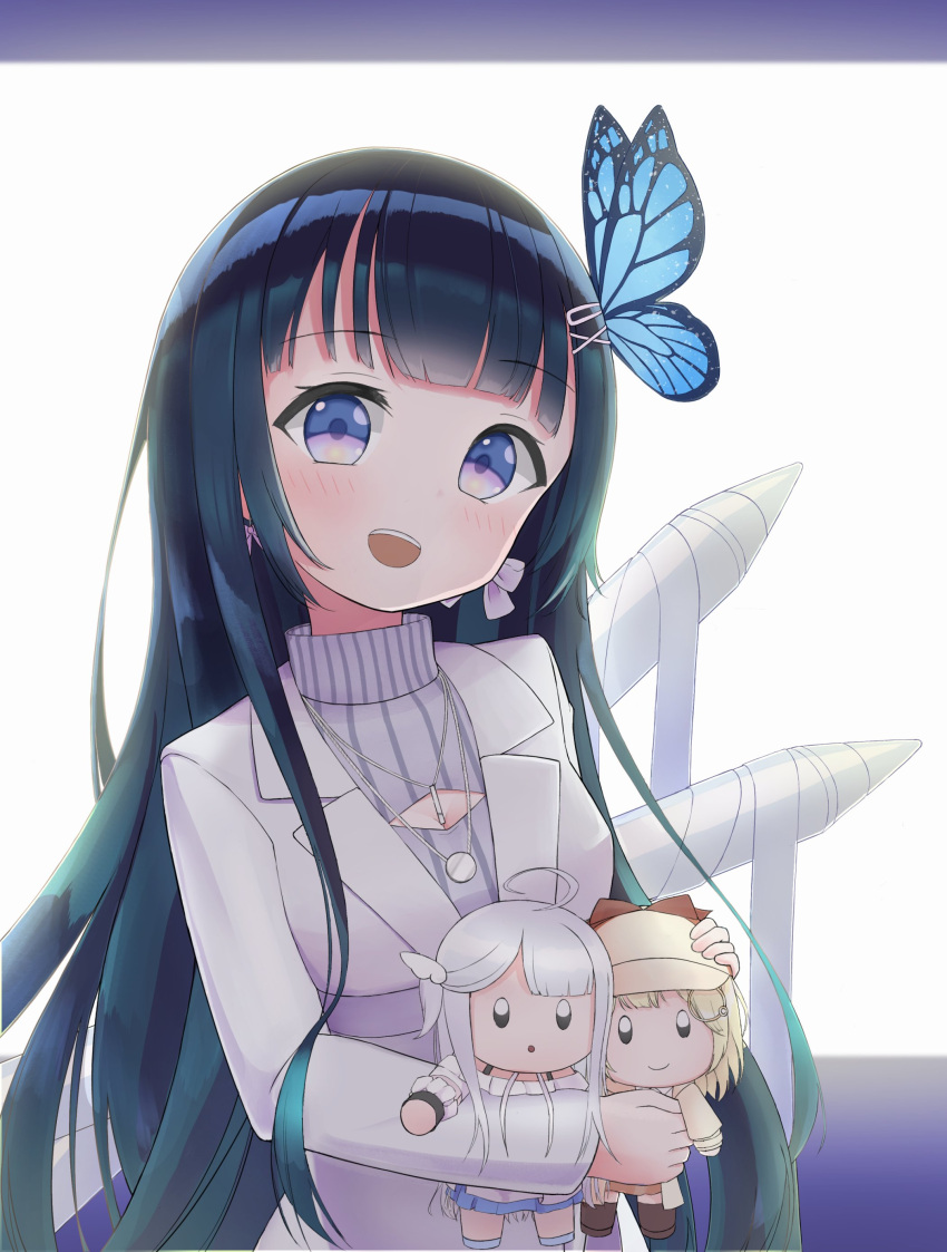 3girls absurdres ahoge amatsuka_uto aoi_nabi black_hair blonde_hair blue_eyes bow bow_earrings butterfly_hair_ornament chibi dhk117 earrings grey_sweater hair_ornament hexagram_hair_ornament highres hololive hololive_english indie_virtual_youtuber jacket jewelry long_hair meme_attire monocle_hair_ornament multiple_girls open-chest_sweater silver_jacket smile sweater virtual_youtuber watson_amelia