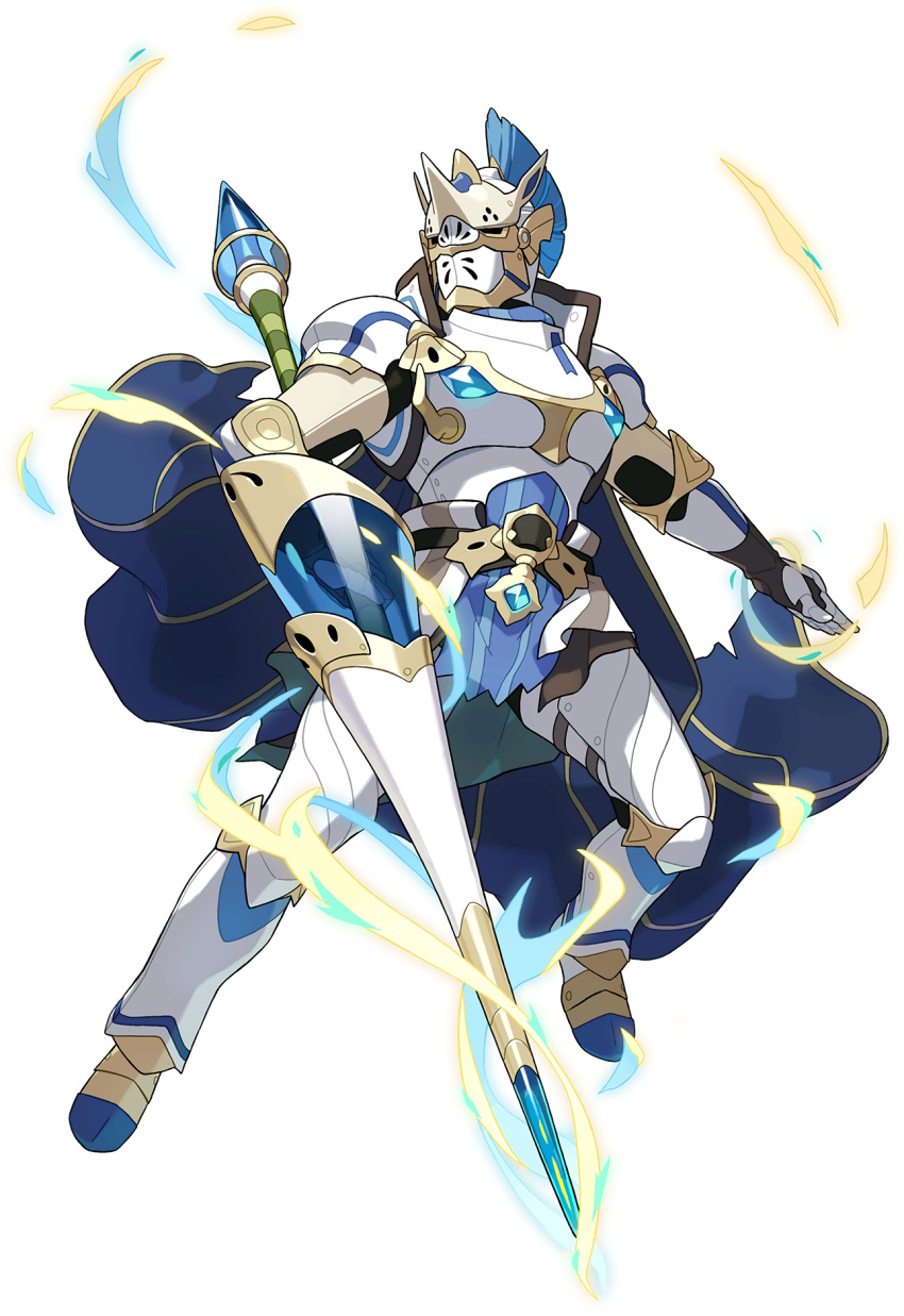 1boy armor armored_boots artist_request aura belt blue_cape boots breastplate cape crystal facing_to_the_side full_armor full_body gauntlets helmet highres holding holding_polearm holding_weapon jelal_(world_flipper) knight lance male_focus non-web_source official_art outstretched_arm plume polearm sapphire_(gemstone) shiny shoulder_armor solo spiked_helmet spikes torn_cape torn_clothes transparent transparent_background weapon white_armor white_footwear world_flipper