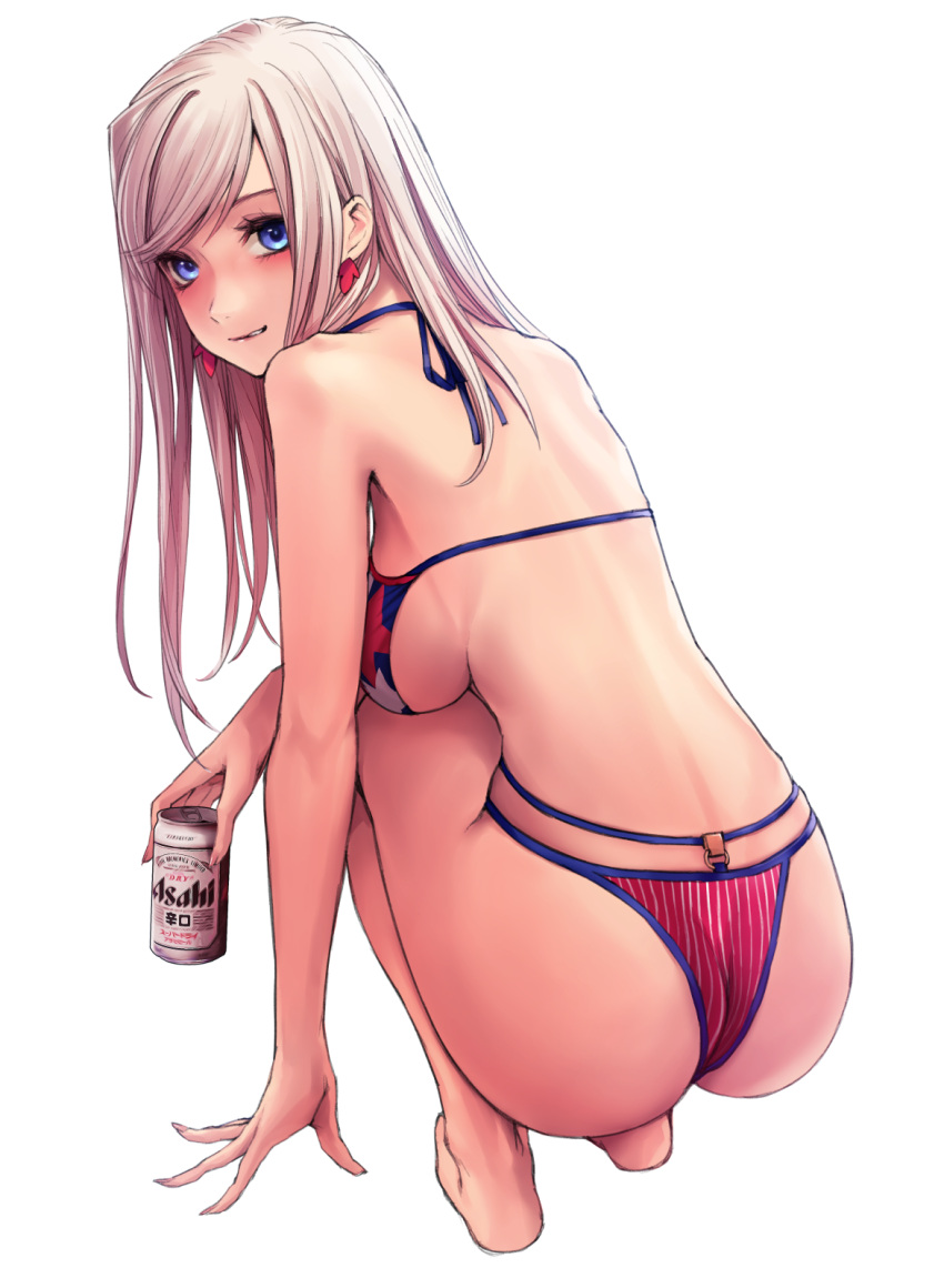 1girl alternate_hairstyle american_flag_bikini applekun asahi_breweries ass back backboob bangs bare_thighs barefoot beer_can bikini blue_eyes breasts can earrings fate/grand_order fate_(series) flag_print from_behind grin hair_down halter_top halterneck hand_on_own_knee highres holding_can legs legs_together long_bangs long_hair looking_at_viewer miyamoto_musashi_(fate) miyamoto_musashi_(swimsuit_berserker)_(fate) pink_hair sideboob simple_background smile solo squatting swimsuit under_boob wedgie white_background