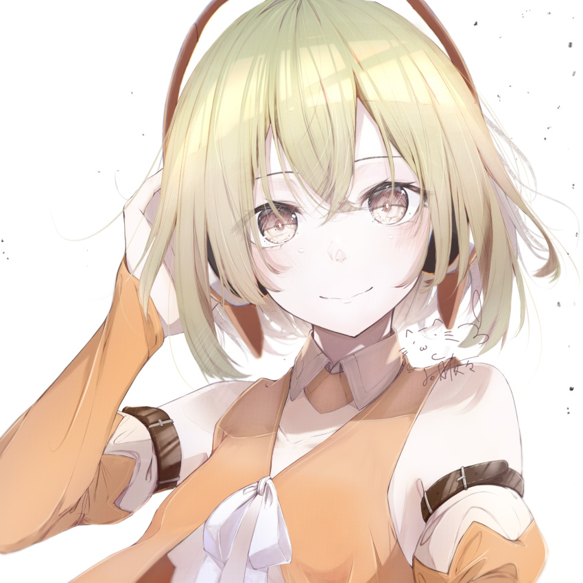 1girl bangs belt blonde_hair breasts brown_eyes chunithm closed_mouth collarbone detached_collar detached_sleeves hair_between_eyes headphones highres kisaragi_yaya long_sleeves looking_at_viewer orange_sleeves ribbon short_hair simple_background sky_feather small_breasts smile solo upper_body white_background white_ribbon