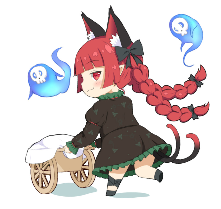 1girl :3 animal_ear_fluff animal_ears black_dress braid cat_ears cat_tail chibi crys_(dai) dress extra_ears from_behind hitodama kaenbyou_rin long_hair looking_at_viewer looking_back multiple_tails nekomata pointy_ears profile red_eyes redhead simple_background skull solo tail touhou twin_braids twintails two_tails very_long_hair wheelbarrow white_background