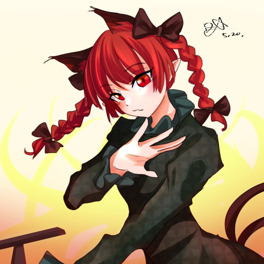 1girl :3 animal_ear_fluff animal_ears beige_background braid cat_ears cat_tail dress extra_ears ganadara_ddo green_dress hand_up head_tilt highres kaenbyou_rin long_hair looking_at_viewer multiple_tails nekomata pointy_ears red_eyes redhead simple_background solo tail touhou twin_braids twintails two_tails wheelbarrow