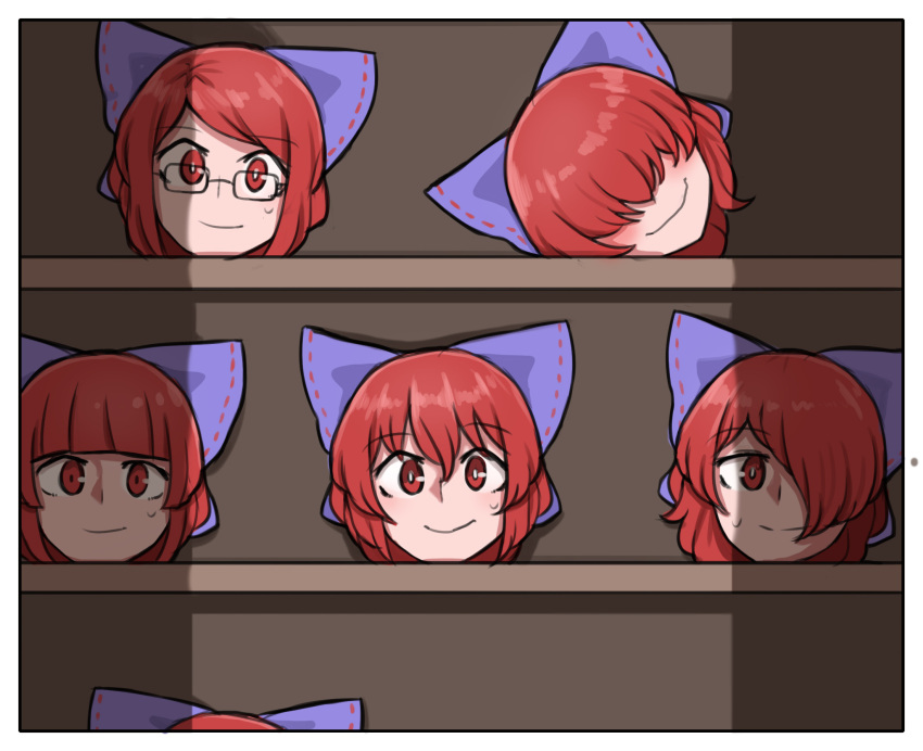 1girl bangs blue_bow bow cupboard disembodied_head english_commentary eyebrows_visible_through_hair glasses hair_bow hair_over_eyes hair_over_one_eye highres mata_(matasoup) multiple_persona red_eyes redhead sekibanki shadow shelf smile sweatdrop touhou