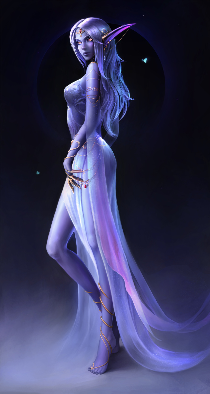 1girl absurdres alisa_nilsen azralith_(warcraft) barefoot blue_hair breasts claw_ring closed_mouth colored_skin commentary commission dress earrings elf english_commentary from_side gem highres jewelry long_dress long_hair looking_at_viewer looking_to_the_side medium_breasts night_elf pointy_ears purple_nails purple_skin red_eyes smile solo toenails warcraft world_of_warcraft