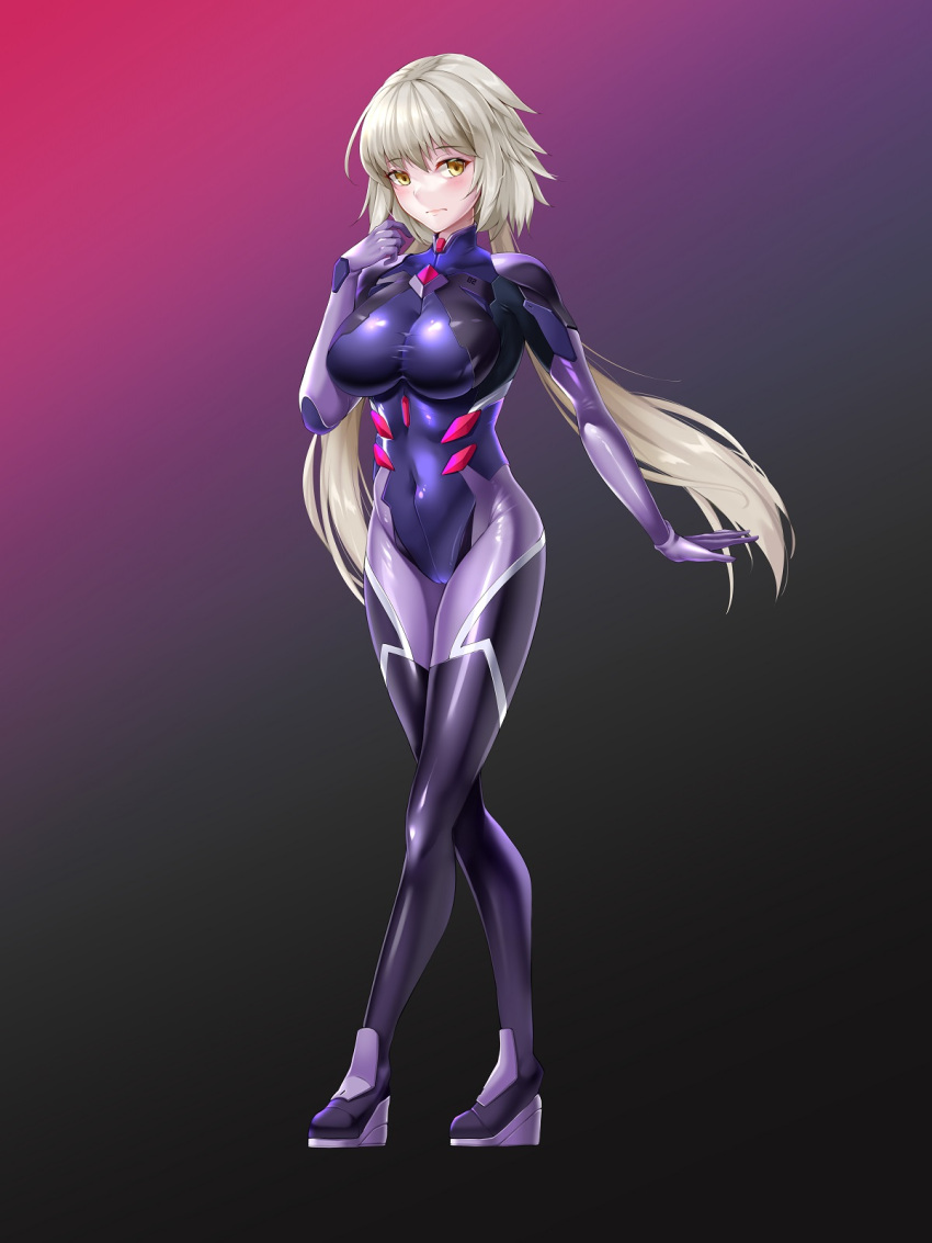 1girl bodysuit breasts dark_persona fate/grand_order fate_(series) highres jeanne_d'arc_(alter)_(fate) jeanne_d'arc_(fate)_(all) large_breasts looking_at_viewer matrix16 plugsuit silver_hair skin_tight solo tsurime yellow_eyes