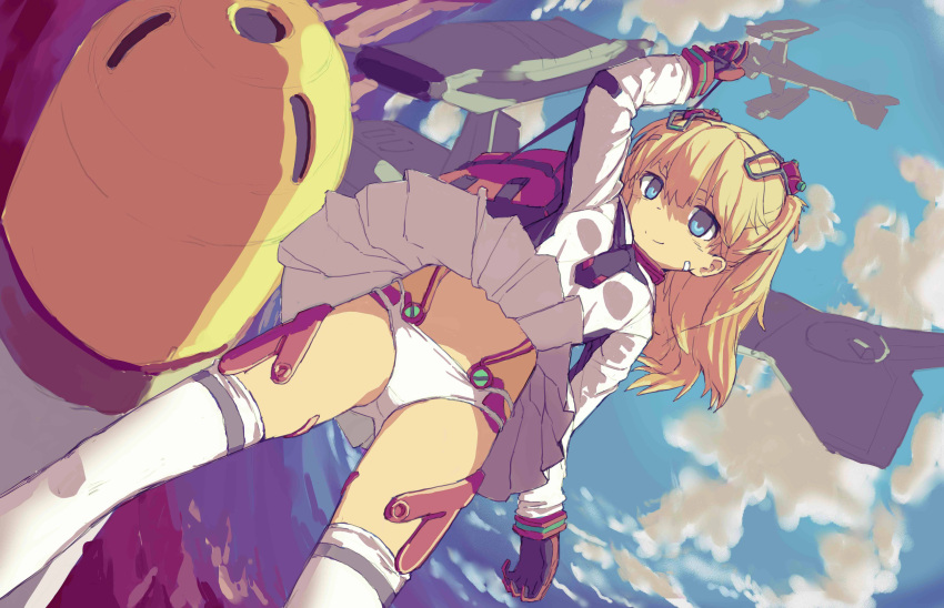 1girl absurdres bag blonde_hair blue_eyes blue_sky breasts clothes_lift clouds copyright_request dutch_angle from_below gloves highres jacket long_hair looking_at_viewer necktie outdoors panties skirt skirt_lift sky small_breasts solo standing thigh-highs underwear white_jacket white_legwear white_panties wind wind_lift zhongye_yu