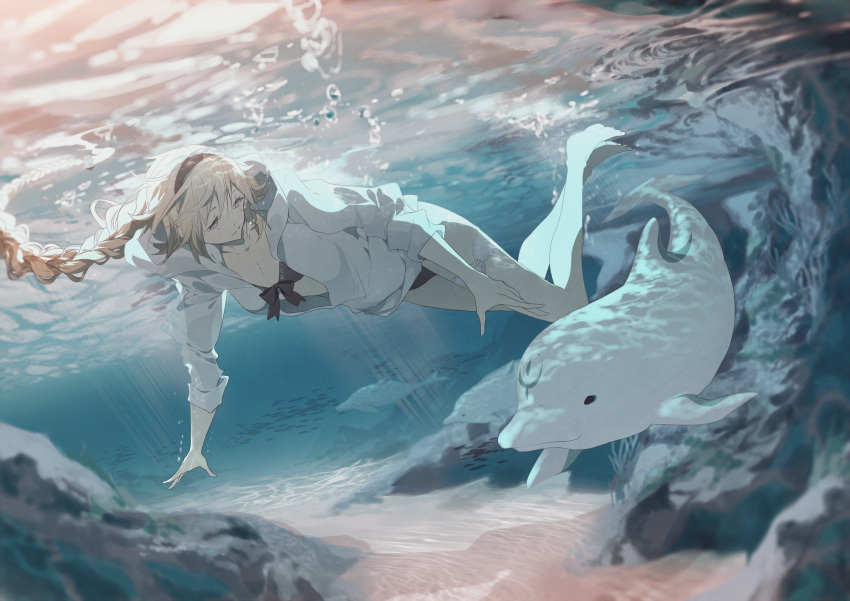 1girl animal bangs bare_legs barefoot bikini blonde_hair braid braided_ponytail breasts closed_mouth coat dolphin fate/grand_order fate_(series) fish hairband highres hood hoodie jeanne_d'arc_(fate)_(all) jeanne_d'arc_(swimsuit_archer)_(fate) long_hair mono_(freerotary) ocean ribbon rock smile stone swimming swimsuit underwater