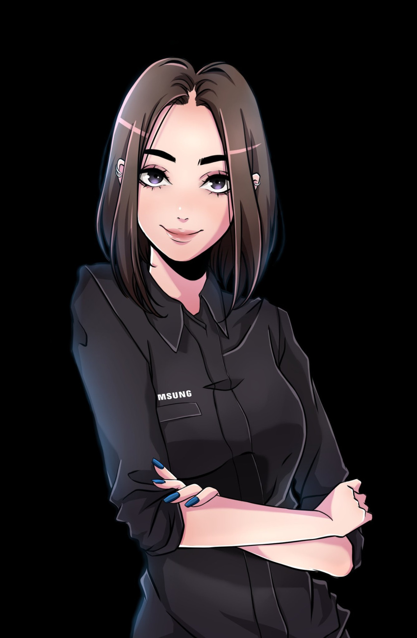 1girl black_background black_eyes black_shirt blue_nails collared_shirt commentary_request crossed_arms highres looking_at_viewer samantha_rodrigues samsung_electronics samsung_sam shirt simple_background smile solo upper_body