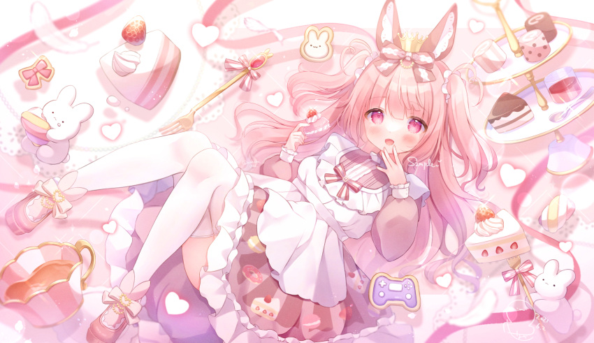 1girl :d animal_ears apron bangs blush bow brown_bow brown_dress cake cake_slice commentary_request crown cup dress eyebrows_visible_through_hair food fork full_body hair_bow hand_to_own_mouth heart highres holding holding_food indie_virtual_youtuber long_hair long_sleeves looking_at_viewer mini_crown omochi_monaka open_mouth pink_eyes pink_footwear pink_hair puffy_long_sleeves puffy_sleeves rabbit rabbit_ears shoes smile solo spoon strawberry_shortcake teacup thigh-highs tiered_tray two_side_up ureha_mimi virtual_youtuber white_apron white_legwear