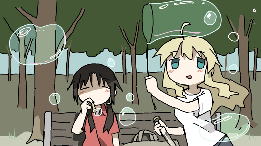 2girls :d ahoge aqua_eyes arm_at_side arm_up bag bag_removed bangs bench blonde_hair brown_hair bubble bubble_blowing bubble_pipe bubble_wand chito_(shoujo_shuumatsu_ryokou) closed_eyes closed_mouth collared_shirt day eyebrows_visible_through_hair facing_viewer from_side hand_up highres holding jitome long_hair looking_at_viewer looking_to_the_side low_twintails multiple_girls no_nose on_bench open_mouth outdoors park_bench parted_bangs polo_shirt red_shirt shirt short_sleeves shoujo_shuumatsu_ryokou sidelocks sitting sitting_on_bench smile soap_bubbles straight-on tree tree_shade tsukumizu_yuu twintails upper_body wavy_hair white_shirt wing_collar yuuri_(shoujo_shuumatsu_ryokou)