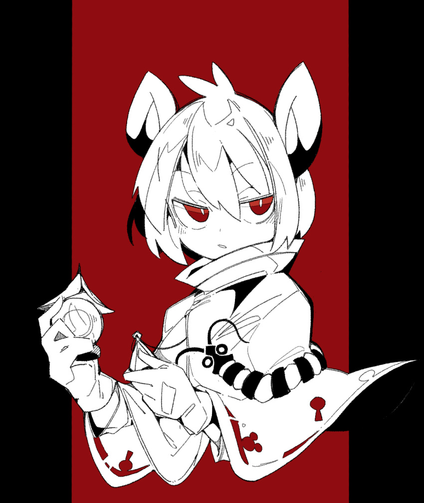 1girl animal_ears bishamonten's_pagoda bright_pupils bug capelet centipede cropped_torso gloves hair_between_eyes highres holding jewelry massakasama monochrome mouse_ears nazrin pendant red_background red_eyes short_hair solo touhou upper_body white_pupils