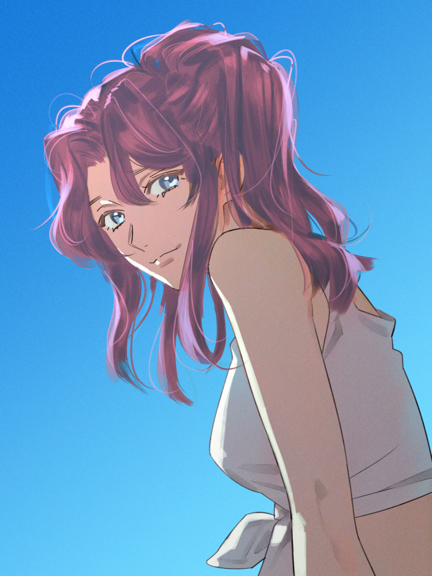 1girl bangs blue_background blue_eyes brown_hair closed_mouth flay_allster from_side gradient gradient_background gundam gundam_seed hair_between_eyes highres long_hair looking_at_viewer nito_minatsuki shiny shiny_hair shirt sleeveless sleeveless_shirt smile solo tied_shirt upper_body white_shirt