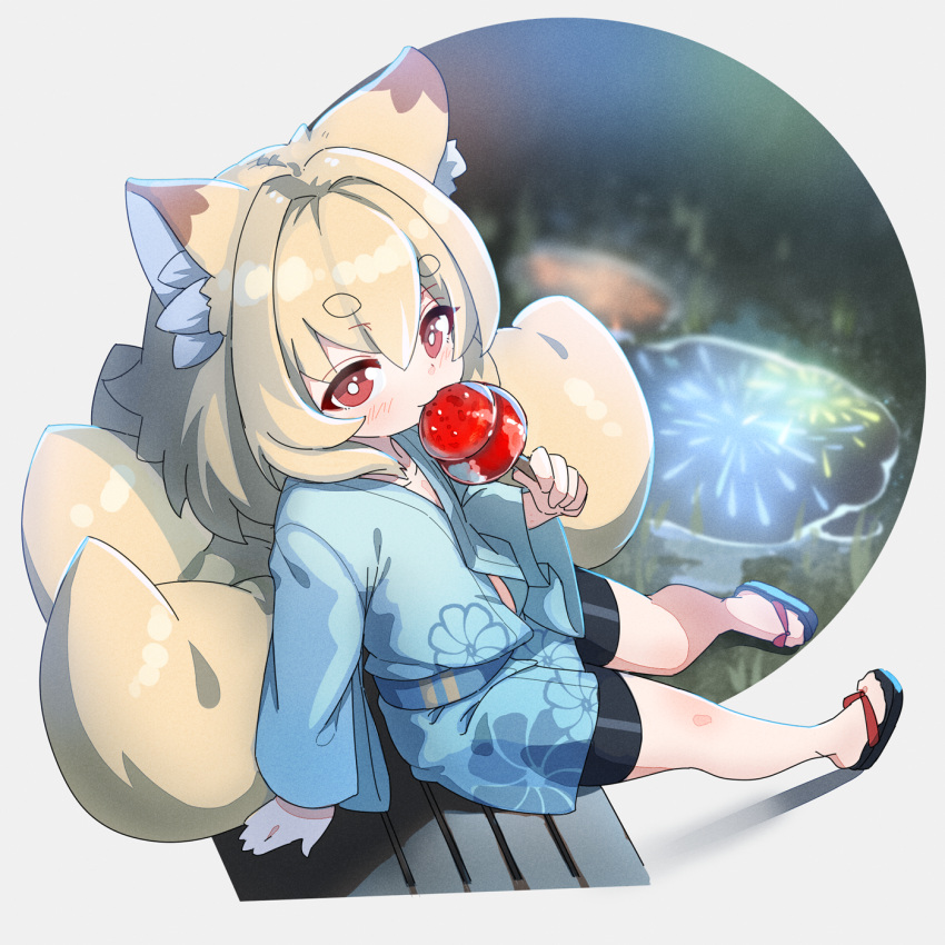 1girl aerial_fireworks animal_ear_fluff animal_ears arm_support bangs bike_shorts black_footwear black_shorts blonde_hair blue_kimono blurry blurry_background blush brown_eyes candy_apple commentary_request depth_of_field eating eyebrows_visible_through_hair fireworks food fox_ears fox_girl fox_tail full_body hair_between_eyes highres holding holding_food indie_virtual_youtuber japanese_clothes kamiya_ris kimono kitsune kuro_kosyou long_sleeves puddle reflection short_eyebrows short_shorts shorts solo tail thick_eyebrows virtual_youtuber water wide_sleeves zouri