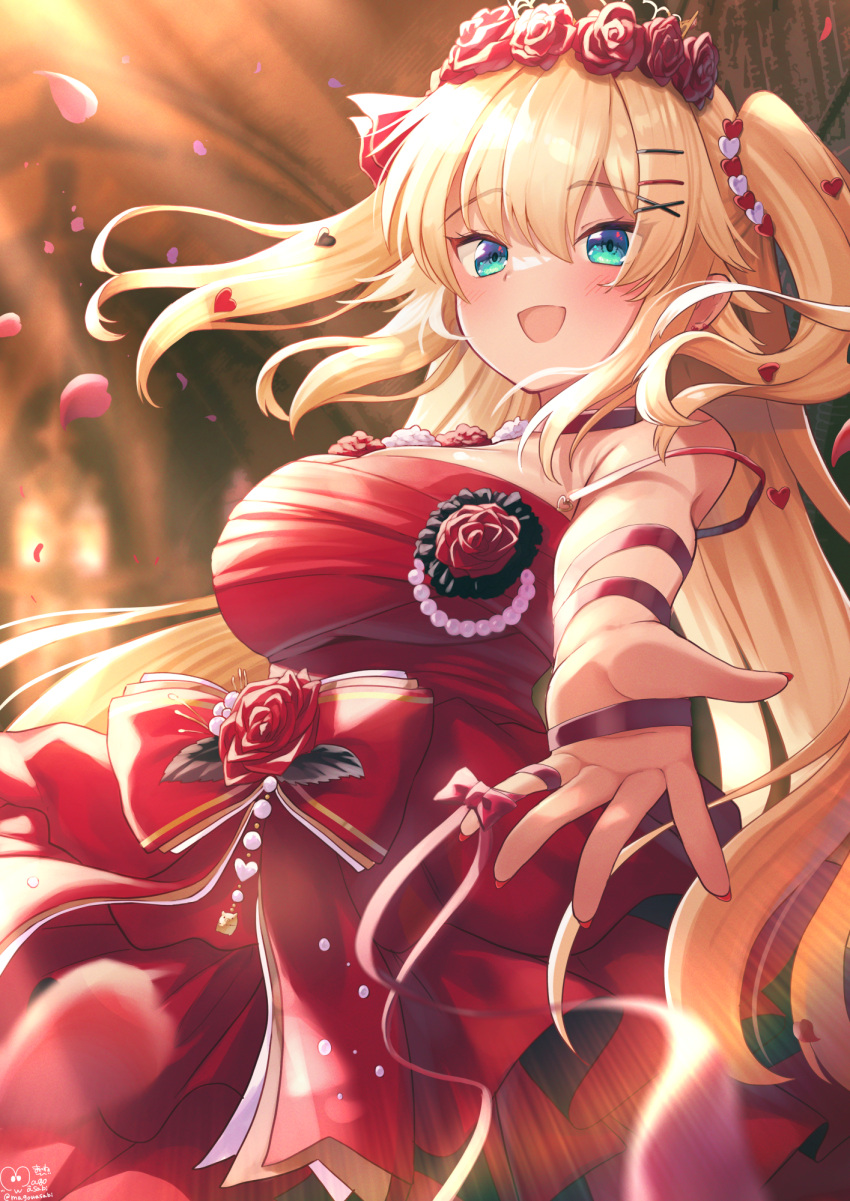 1girl :d akai_haato bangs blonde_hair blue_eyes blush breasts commentary dress eyebrows_visible_through_hair fingernails flower hair_between_eyes hair_ornament head_wreath heart heart_hair_ornament highres hololive large_breasts long_hair looking_at_viewer magowasabi nail_polish open_mouth outstretched_arm petals red_dress red_flower red_nails red_ribbon red_rose ribbon rose signature smile solo twitter_username two_side_up very_long_hair virtual_youtuber x_hair_ornament