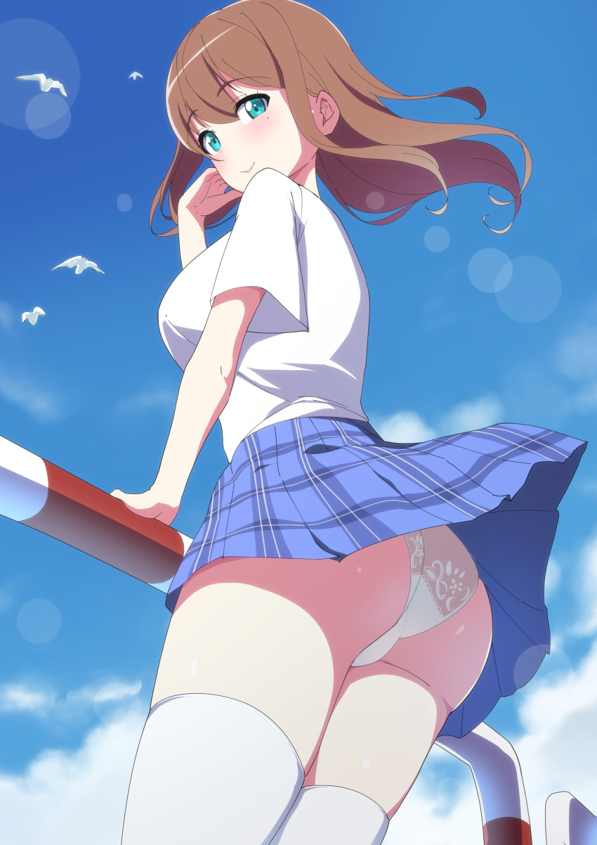 1girl aqua_eyes ass bangs bird blue_skirt blue_sky brown_hair closed_mouth clouds commentary_request day eyebrows_visible_through_hair hair_blowing highres lens_flare looking_at_viewer looking_to_the_side medium_hair original outdoors panties plaid plaid_skirt pleated_skirt railing sakamata seagull shirt short_sleeves skirt sky smile solo standing thigh-highs thighs underwear white_legwear white_panties white_shirt wind wind_lift