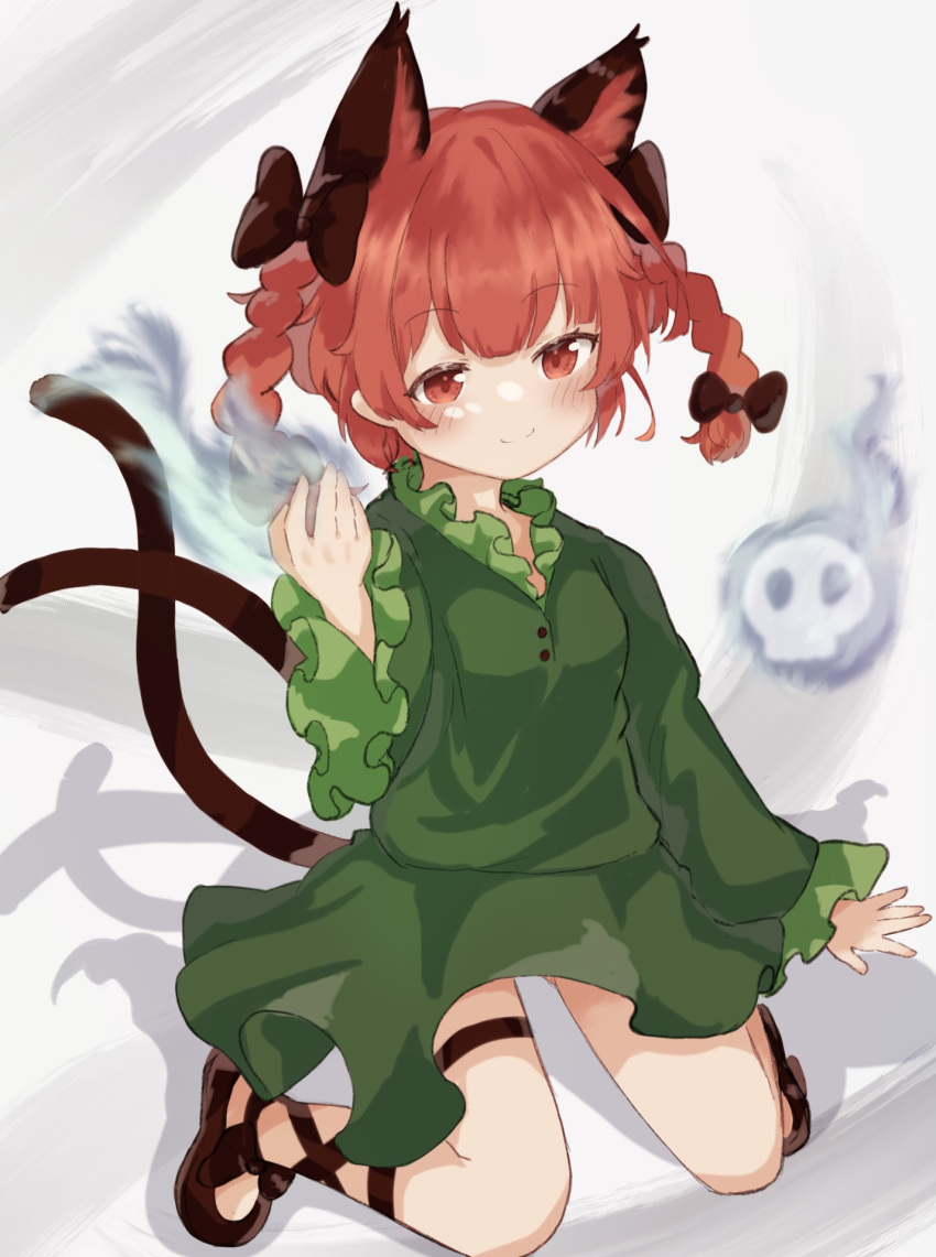 1girl animal_ear_fluff animal_ears blush braid breasts cat_ears cat_tail dress extra_ears green_dress grey_background hand_up highres hitodama kaenbyou_rin kneeling lbwtnnvekvk5fft long_hair multiple_tails nekomata red_eyes redhead simple_background skull small_breasts smile solo tail touhou twin_braids twintails two_tails
