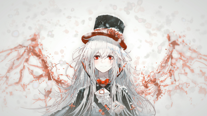 1girl arknights bow bowtie cape earrings eyebrows_visible_through_hair flower hat hat_flower highres id_card jewelry long_hair official_alternate_costume pale_skin pointy_ears popped_collar red_eyes red_neckwear runamonet scar scar_across_eye slit_pupils snowing solo top_hat upper_body warfarin_(arknights) warfarin_(the_feast)_(arknights) white_hair wings