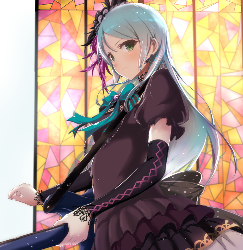 1girl bang_dream! bangs black_sleeves blush brown_dress closed_mouth detached_sleeves dress earrings feather_hair_ornament feathers floating_hair green_eyes guitar hair_between_eyes hair_ornament highres hikawa_sayo holding holding_instrument instrument jewelry layered_dress long_hair long_sleeves music ochi_r playing_instrument shiny shiny_hair short_sleeves silver_hair solo stained_glass standing very_long_hair