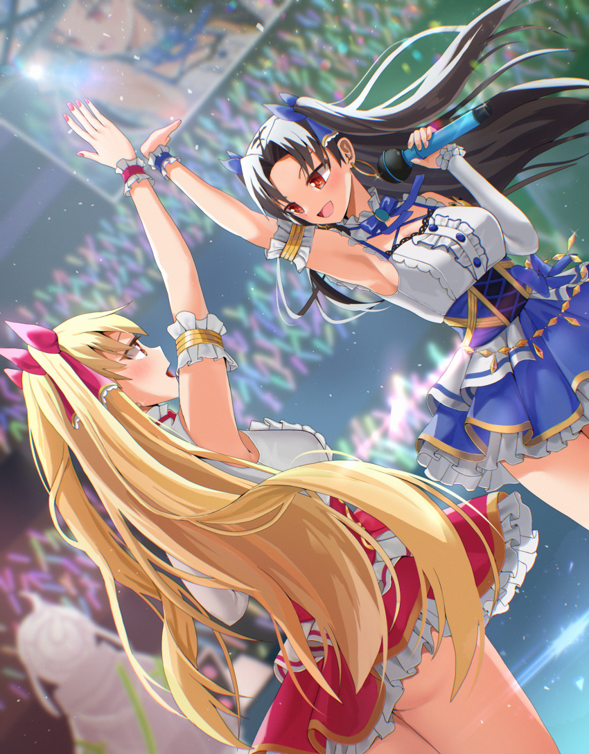 2girls :d arena arm_up armband armpits ass black_hair blonde_hair blue_ribbon blue_skirt blush boo_iro breasts detached_sleeves ereshkigal_(fate) fate/grand_order fate_(series) flower_sunshine frilled_skirt frills hair_ribbon highres holding holding_microphone idol ishtar_(fate) ishtar_(fate)_(all) long_hair medium_breasts microphone multiple_girls open_mouth red_eyes red_ribbon red_skirt ribbon shirt single_detached_sleeve skirt sleeveless sleeveless_shirt smile two_side_up very_long_hair white_shirt white_sleeves wristband