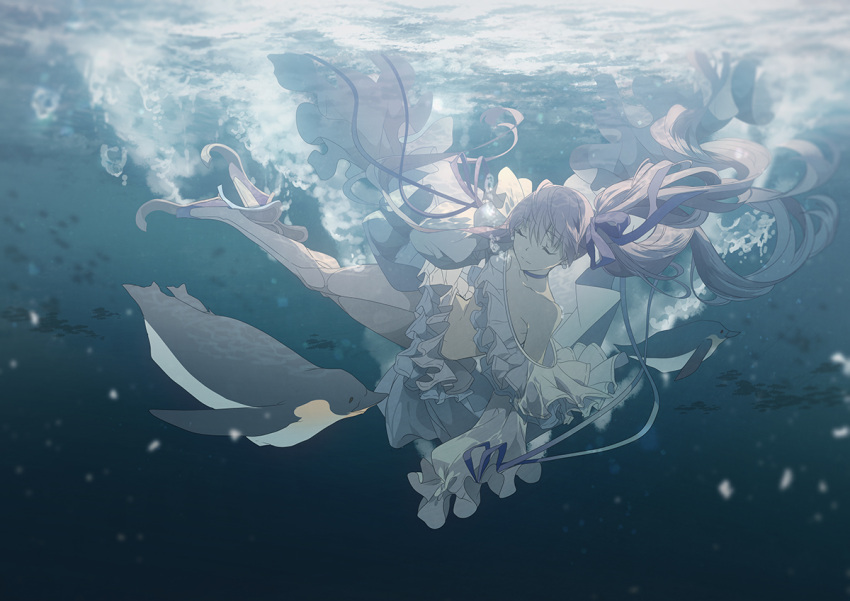 1girl animal bangs bird closed_mouth fallen_down fate/grand_order fate_(series) hair_between_eyes hair_ribbon high_heels long_hair meltryllis_(fate) meltryllis_(swimsuit_lancer)_(fate) mono_(freerotary) ocean penguin purple_hair ribbon skirt smile swimsuit underwater very_long_hair