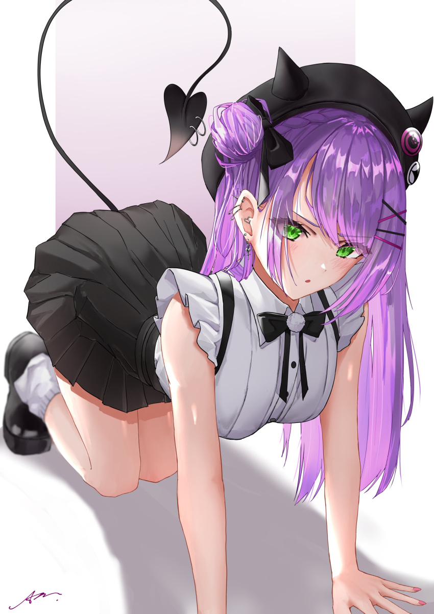 1girl :o absurdres aleth all_fours bangs bent_over beret black_footwear black_headwear black_skirt blush breasts demon_girl demon_tail ear_piercing eyebrows_visible_through_hair frilled_shirt frills green_eyes hair_behind_ear hat highres hololive looking_ahead medium_breasts open_mouth piercing purple_hair shadow shirt side_bun skirt sleeveless sleeveless_shirt solo tail tokoyami_towa